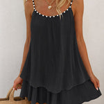 Women's Pearls Embellished Straps Mini Dress Backless Pleated Dress Casual Double Layer Lettuce Trim Cami Sun Dress