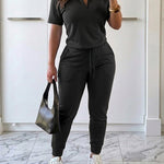 Women's 2-Piece Sporty Set Short Sleeve Half Zip Top and High Waisted Joggers Casual Lounge Outfit with Pockets
