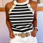 Women's Striped Halter Knit Tank Top Sleeveless Rib-Knit Camisole Gold Button Detail Slim Fit Summer Top