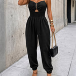Women's Chain Strap Jumpsuit Hollow Out Shirred Waist Overalls Casual Jogger Jumpsuit with Pockets