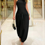 Women's Gold Decor Halter Tie Jumpsuit Sexy Backless Ruched Lantern Overalls Casual Vacation Jumpsuit