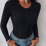 Women's Crewneck Long Sleeve Ribbed Knit Top Slim Fit Base Layer Shirt Soft Stretchy Casual Tee with Built-in Bra