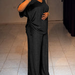 Women's Textured 2 Piece Outfits V Neck Drawstring Ruched Top and Wide Leg Pants Set Casual Loose Loungewear