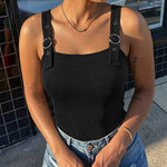 Women's Ribbed Knit Tank Top Square Neck Slim Fit Cami Top Adjustable Eyelet Strap Backless Top