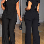Women's 2 Piece Set Mock Neck Ruched Open Back Button Slit Top and Wide Leg Pants Casual Outfits with Pockets