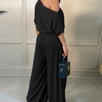 Skew Neck Batwing Sleeve High Waist Overalls Casual Short Sleeve Cinched Waist Wide Leg Jumpsuit