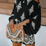 Women's Vintage Print Two-Piece Set Off-Shoulder Batwing Sleeve Top and High-Waisted Shorts Casual Vacation Set