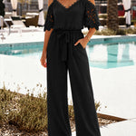 Women's Cold Shoulder Jumpsuit Gold Chain Lace Patchwork Overalls Tapered Leg Jumpsuits with Pockets & Belt