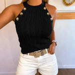 Women's Halter Neck Knit Tank Top Gold Button Cable Knit Vest Sleeveless Slim Fit Ribbed Top