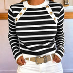 Women's Striped Knit Top Gold Button Long Sleeve Pullover Crewneck Slim Fit Knitwear Contrast Binding Sweater