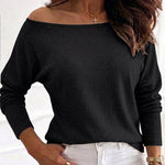Women's Convertible Shoulder Batwing Sleeve Top Long Sleeve Loose Fit Casual Knit Tee