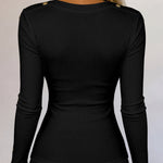 Women's Gold Studded Long Sleeve Rib-Knit T-Shirt Slim Fit Round Neck Top
