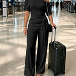 Women's Skew Neck 2 Piece Outfits Ruched Tie Waist Short Sleeve Top and High Waisted Wide Leg Pants Lounge Set