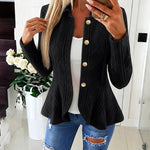Women's Argyle Cable Knit Jacket Elegant Lapel Collar Gold Button Down Cardigan Ruffle Hem Long Sleeve Coat