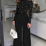 Pearls Decor Skew Neck Long Sleeve Cinched Waist Overalls Casual Ruched Zipper Back Wide Leg Jumpsuit