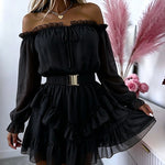 Women's Off Shoulder Frill Trim Mini A Line Dress Flowy Chiffon Ruffle Hem Party Dress with Belt & Built-In Shorts