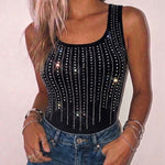 Rhinestone Decor U-Neck Sleeveless Tee Slim Fit Backless Ribbed Tank Top