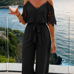 Women's Cold Shoulder Jumpsuit Gold Chain Lace Patchwork Overalls Tapered Leg Jumpsuits with Pockets & Belt