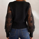 Women's Mesh Long Sleeve Cardigan Embroidered V Neck Knit Sweater Rhinestone Button Ribbed Slim Fit Casual Coat