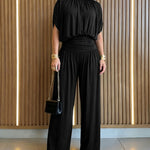 Women's Batwing Sleeve Jumpsuit High Waisted Ruched Wide Leg Overalls Elegant One Piece Outfit