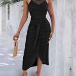 Adjustable Halter Hollow-out Back Ruched Front Slit Dress Guipure Lace Yoke Eyelet Embroidery Vacation Dress