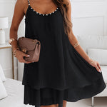 Women's Pearls Embellished Straps Mini Dress Backless Pleated Dress Casual Double Layer Lettuce Trim Cami Sun Dress