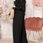 Pearls Decor Skew Neck Long Sleeve Cinched Waist Overalls Casual Ruched Zipper Back Wide Leg Jumpsuit