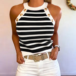 Women's Striped Halter Knit Tank Top Sleeveless Rib-Knit Camisole Gold Button Detail Slim Fit Summer Top