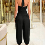 Women's Gold Decor Halter Tie Jumpsuit Sexy Backless Ruched Lantern Overalls Casual Vacation Jumpsuit