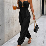 Women's Chain Strap Jumpsuit Hollow Out Shirred Waist Overalls Casual Jogger Jumpsuit with Pockets
