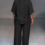 Women's Textured 2 Piece Outfits V Neck Drawstring Ruched Top and Wide Leg Pants Set Casual Loose Loungewear