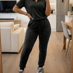 Women's 2-Piece Sporty Set Short Sleeve Half Zip Top and High Waisted Joggers Casual Lounge Outfit with Pockets