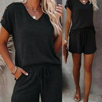 Women's V Neck Short Sleeve Top and Drawstring Shorts Set Casual Loose Fit Loungewear Two Piece Outfit with Pockets