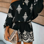 Women's Vintage Print Two-Piece Set Off-Shoulder Batwing Sleeve Top and High-Waisted Shorts Casual Vacation Set