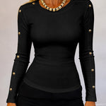 Women's Gold Studded Long Sleeve Rib-Knit T-Shirt Slim Fit Round Neck Top
