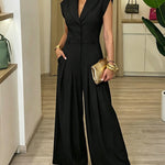 Women's Lapel V Neck Jumpsuit Cap Sleeve High Waisted Wide Leg Overalls Elegant Suit Jumpsuit