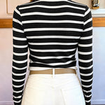 Women's Striped Knit Top Gold Button Long Sleeve Pullover Crewneck Slim Fit Knitwear Contrast Binding Sweater