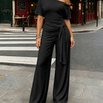 Women's Skew Neck 2 Piece Outfits Ruched Tie Waist Short Sleeve Top and High Waisted Wide Leg Pants Lounge Set