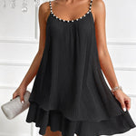 Women's Pearls Embellished Straps Mini Dress Backless Pleated Dress Casual Double Layer Lettuce Trim Cami Sun Dress