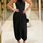 Women's Gold Decor Halter Tie Jumpsuit Sexy Backless Ruched Lantern Overalls Casual Vacation Jumpsuit