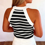 Women's Striped Halter Knit Tank Top Sleeveless Rib-Knit Camisole Gold Button Detail Slim Fit Summer Top