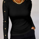Women's Gold Studded Long Sleeve Rib-Knit T-Shirt Slim Fit Round Neck Top
