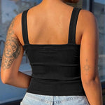 Women's Ribbed Knit Tank Top Square Neck Slim Fit Cami Top Adjustable Eyelet Strap Backless Top