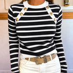 Women's Striped Knit Top Gold Button Long Sleeve Pullover Crewneck Slim Fit Knitwear Contrast Binding Sweater