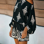 Women's Vintage Print Two-Piece Set Off-Shoulder Batwing Sleeve Top and High-Waisted Shorts Casual Vacation Set