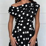 Women's Skew Neck Polka Dot Maxi Dress Ruched A-Line Swing Dress Elegant Party Cocktail Dress with Pockets