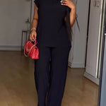 Women's 2 Piece Set Mock Neck Ruched Open Back Button Slit Top and Wide Leg Pants Casual Outfits with Pockets