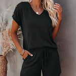 Women's V Neck Short Sleeve Top and Drawstring Shorts Set Casual Loose Fit Loungewear Two Piece Outfit with Pockets