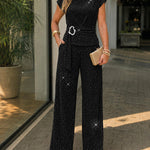 Women's Rhinestone Textured 2 Piece Outfits Mock Neck Cap Sleeve Ruched Top and Wide Leg Pants Set Casual Work Suit