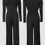 Pearls Decor Skew Neck Long Sleeve Cinched Waist Overalls Casual Ruched Zipper Back Wide Leg Jumpsuit